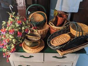 Brass Planter, Faux Hanging Basket & Numerous Baskets