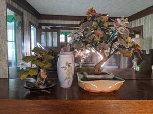 Vintage Red Wing Dish, (2) Faux Bonsai Trees, Vase
