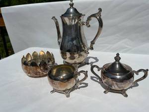 lot 108 image: Plated Silver Teapot, Cream and Sugar and Bowl