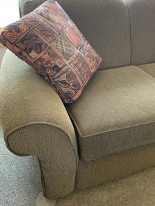 lot 2 image: Lovely Sage Green Upholstered Sofa with Coordinating Pillows