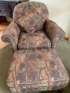 lot 1 image: Room and Board Upholstered Chair and Ottoman