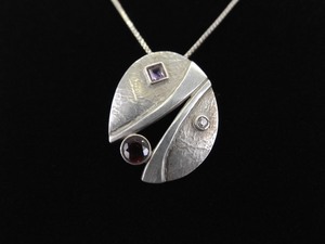 .925 Sterling Silver Diamond, Amethyst, and Garnet Shield Pendant Necklace