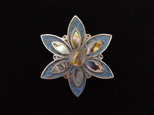 .925 Sterling Silver Inlayed Abalone Blue Flower Brooch