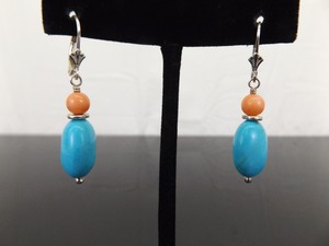 .925 Sterling Silver Coral and Blur Howlite Dangle Hook Clasp Earrings