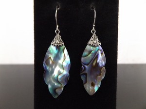.925 Sterling Silver Blue Abalone Leaf Dangle Hook Earrings