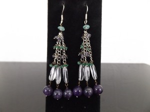 .925 Sterling Silver Amethyst and Jade Chandelier Dangle Hook Earrings