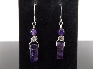.925 Sterling Silver Rough Cut Polished Amethyst Dangle Hook Earrings