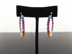 .925 Sterling Silver Rainbow Crystal Hook Latch Hoop Earrings