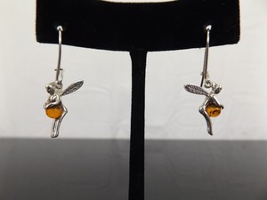 .925 Sterling Silver Amber Ball Pixie Dangle Hook Earrings