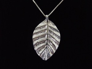.925 Sterling Silver Large Hand Hammered Leaf Pendant Necklace