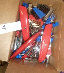 Box of misc 14 drive sockets, hex wrenches and box cutters