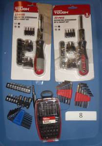 Two ratcheting screwdriver sets and bits, hex wrenches and a case of driver bits