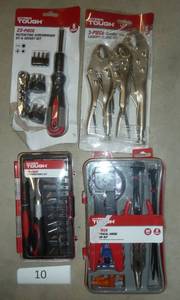 Electrical kit, precision knife set, ratcheting screwdriver and bits and 3 locking pliers