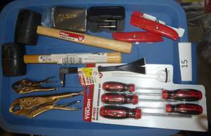 new screwdrivers, locking pliers, screw remover sets, box cutters, 2 used rubber mallets