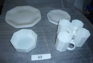 Vintage place set for 4  of milk glass dinner and salad plates and octogon shaped cups