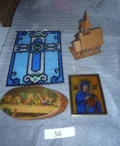 Windup Musical church with a bell that swings when it plays, vintage wood last supper, stained glass look madonna and a beaded cross