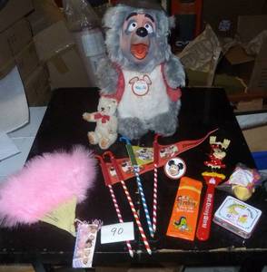 Big Al Disney bear, a Steiff bear, Disney pencils, back scratcher, Mickey night light, fan and pick up sticks