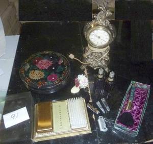 Vintage dresser items, New Bennington comb and brush set, nail clippers, stetson cologne, clock