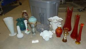 Tote full of flower vases, includes hobnail and amberina glass