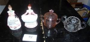 vintage napkin holder and matching soap or dish scrubber holder, pink depression sugar and clear glass sugar, all in great shape