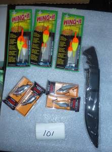 Fishing filet knife, 4 rapala lures and 5 wing-it slip bobbers