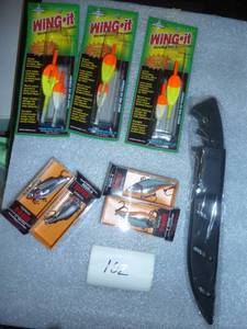 Fishing filet knife, 4 rapala lures and 5 wing-it slip bobbers