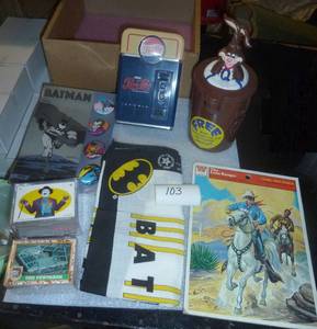 New Batman scarf and collectible buttons, Batman collector cards, Pepsi coin bank, vintage Nestles Quik mixing jug (never used) and Lone Ranger puzzle