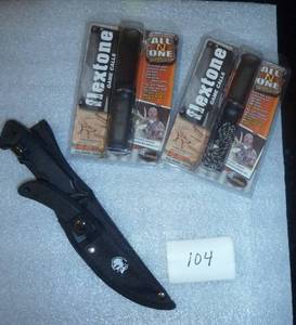 2 piece hunting knife in sheath and 2 deer calls, all new