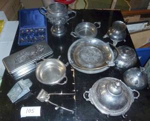 lot of vintage silverplate serving dishes, most of them are quadruple plate, and a set of silver spoons and a tin with a pewter rabbit scene