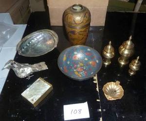 Abalone shell bird and a real shell, pearl cigarette case, brass and cloissone.