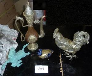 Metal group, rooster, bird, horse and a incense decanter
