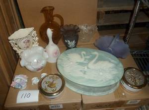 marble covered box, glass and ceramic vases, bells and bowls