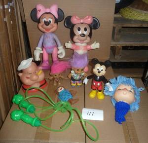 group of vintage character toys, popeye, mickey, minnie, green giant, sugar bear and some trolls