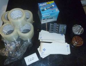office supplies, 36 expo markers, tape, battery charger, and pencil holders