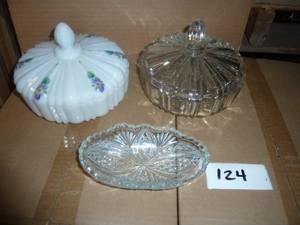 2 vintage clear glass and milk glass candy dishes, same pattern, no chips or breaks, and small nut dish