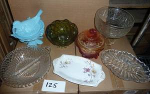 Group of 9 pieces of vintage glassware, pale blue nesting bird candy dish does have a piece of the nest broke off, but unless you know what to look for, is not noticeable, the white piece is marked 1900 England