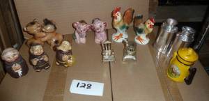 Lot of vintage salt and pepper shakers, hugging bears, hen and rooster, milk cans, monks, see pictures for condition, no breakage but signs of wear