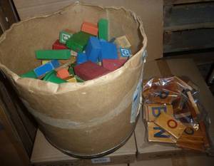 Large can of vintage wood blocks, letters and can of tinkertoys