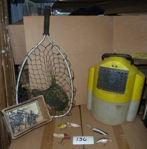 Old fishing items, box of heavy weighted hooks, net and minnow bucket, lures.  The bottom left red and white lure is an old wood one.