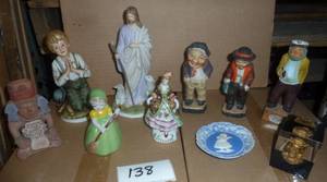 Another group of figures, most are porcelain and all are free of any breakage.  The green dress gal is a bell. Homco, Roman and Japan items.
