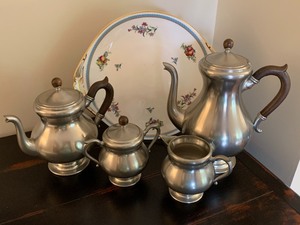 Spode Platter and Pewter Tea Service & Silver Serving Tray