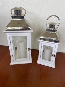 Pair White Wood & Metal Lanterns w Pottery Barn Premium Battery Flicker Candles
