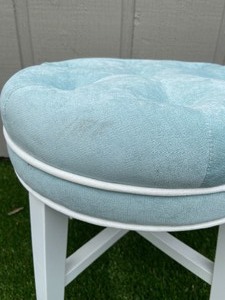 Small White Wood Stool w Blue & White Fabric Seat