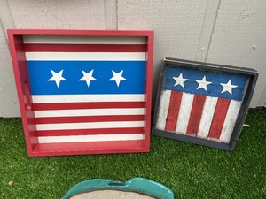 3 Decorative Trays- American Flag, Fish Motif & Small Picture Frame