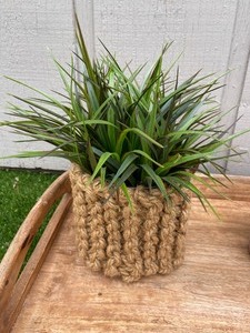 Large Wooden Tray w Ceramic Planter & Woven Planter w Faux Plant