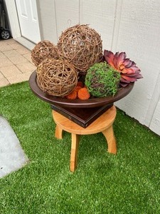 Small Wood Stool & Bowl w Decorative Balls