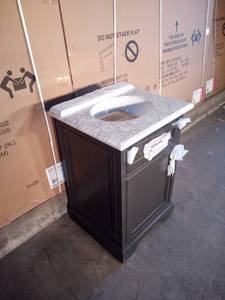Windlowe 24 in. W x 22 in. D x 35 in. H Bath Vanity in Gray with Carrara Marble Vanity Top in White with White Sink