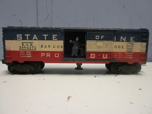 VINTAGE LIONEL O STATE OF MAINE BOXCAR, W ACTIVATED TRAINMAN FIGURE