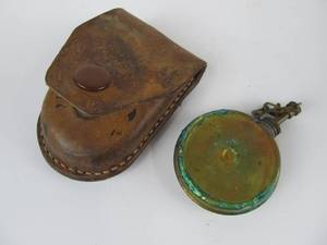 lot 9 image: Antique Brass Military Gun Oiler Can wLeather Pouch