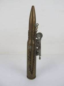 lot 40 image: Orig WW2 Dated 1941 Trench Art 50. Cal Shell Cigarette Lighter